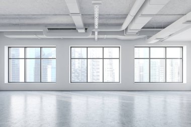 Pencereli boş loft beyaz endüstriyel tarzı oda