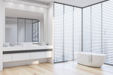 Küvet, lavabo ve panjur ile beyaz banyo köşesi