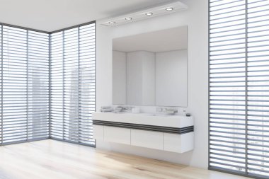 Çift lavabo ve panjur ile beyaz banyo köşesi