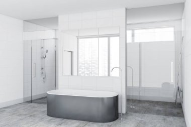 Küvet ve duş ile beyaz karo banyo köşesi