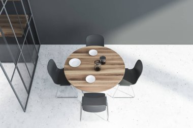 Yuvarlak masa ile gri yemek odası üst görünümü