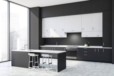 Bar ile koyu gri mutfak köşesi