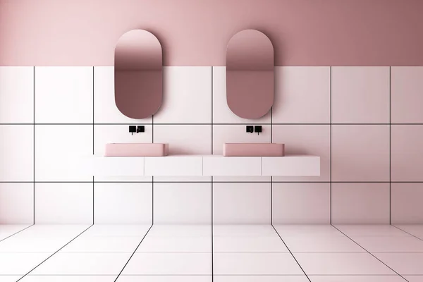 粉红色和白色瓷砖浴室，双水槽 — 图库照片