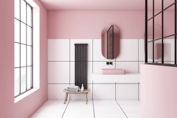 Interno bagno piastrelle rosa e bianche, lavabo — Foto Stock