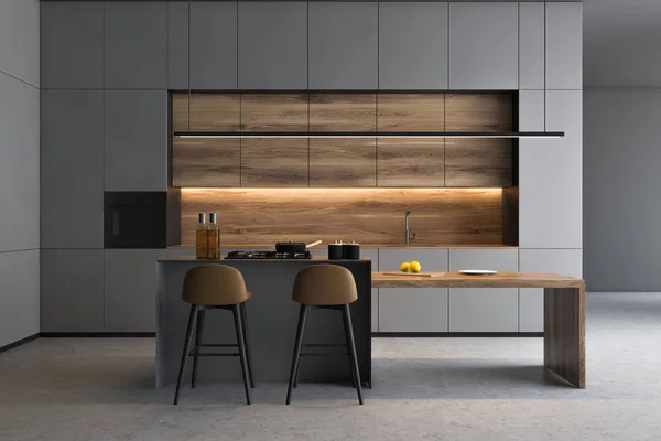 Grey kitchen interior with bar — Stock Photo, Image
