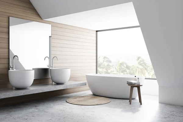 Kącik z białą i drewnianą łazienką, duży umywalka — Zdjęcie stockowe