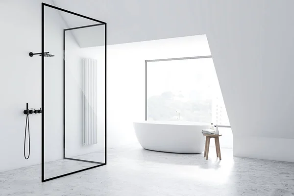 Fehér fürdőszobai sarok, fürdőkád és zuhanyzó — Stock Fotó