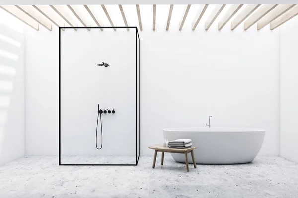 White bathroom interior, tub and shower — Stock Photo, Image