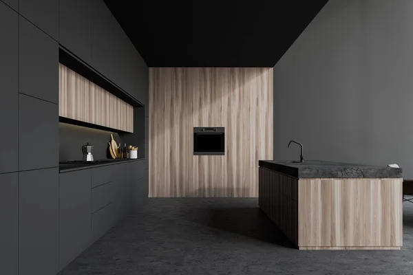 Gray and wooden kitchen with island — Stock Photo, Image