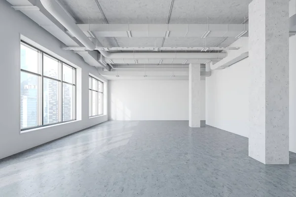 Üres, fehér padláson ipari stílusú szoba — Stock Fotó