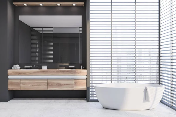 Banheiro cinza com pia e banheira — Fotografia de Stock