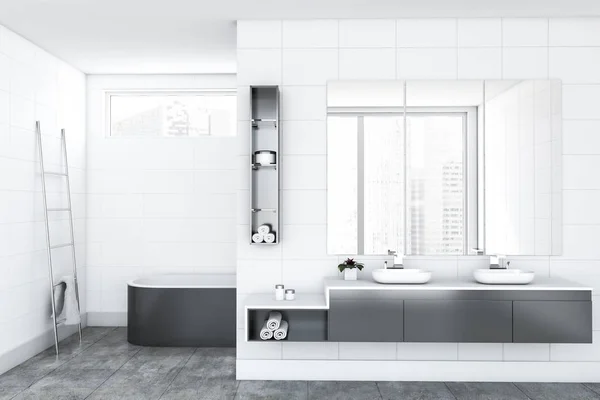 Interiér koupelny s bílými dlaždicemi, dvojitý umyvadlo — Stock fotografie
