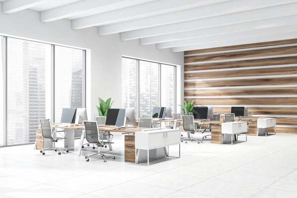White and wood open space office corner