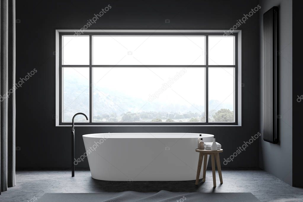 Gray and concrete bathroom interior with tub