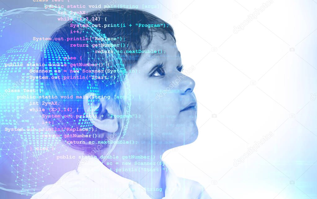 Little boy thinking about computer code
