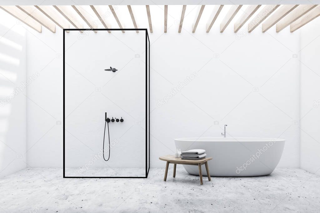 White bathroom interior, tub and shower