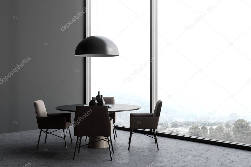 Panoramic gray dining room with round table