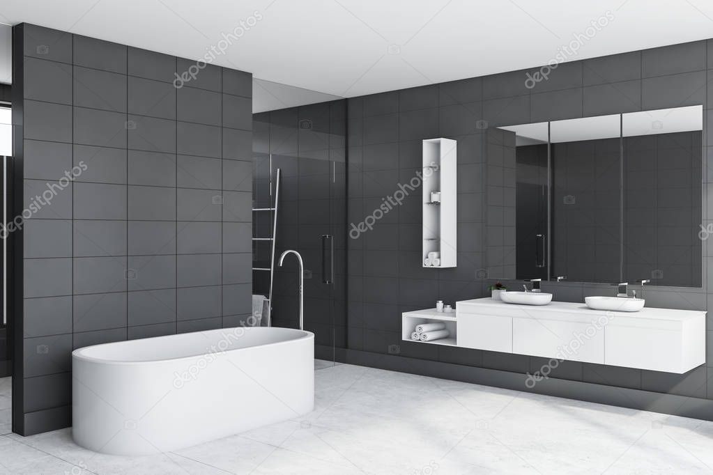 Gray tile bathroom corner, tub and sink