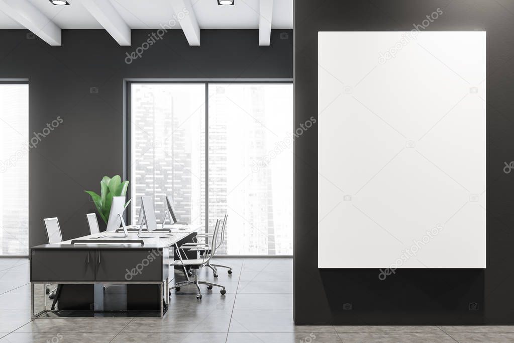Gray office interior with mock up poster
