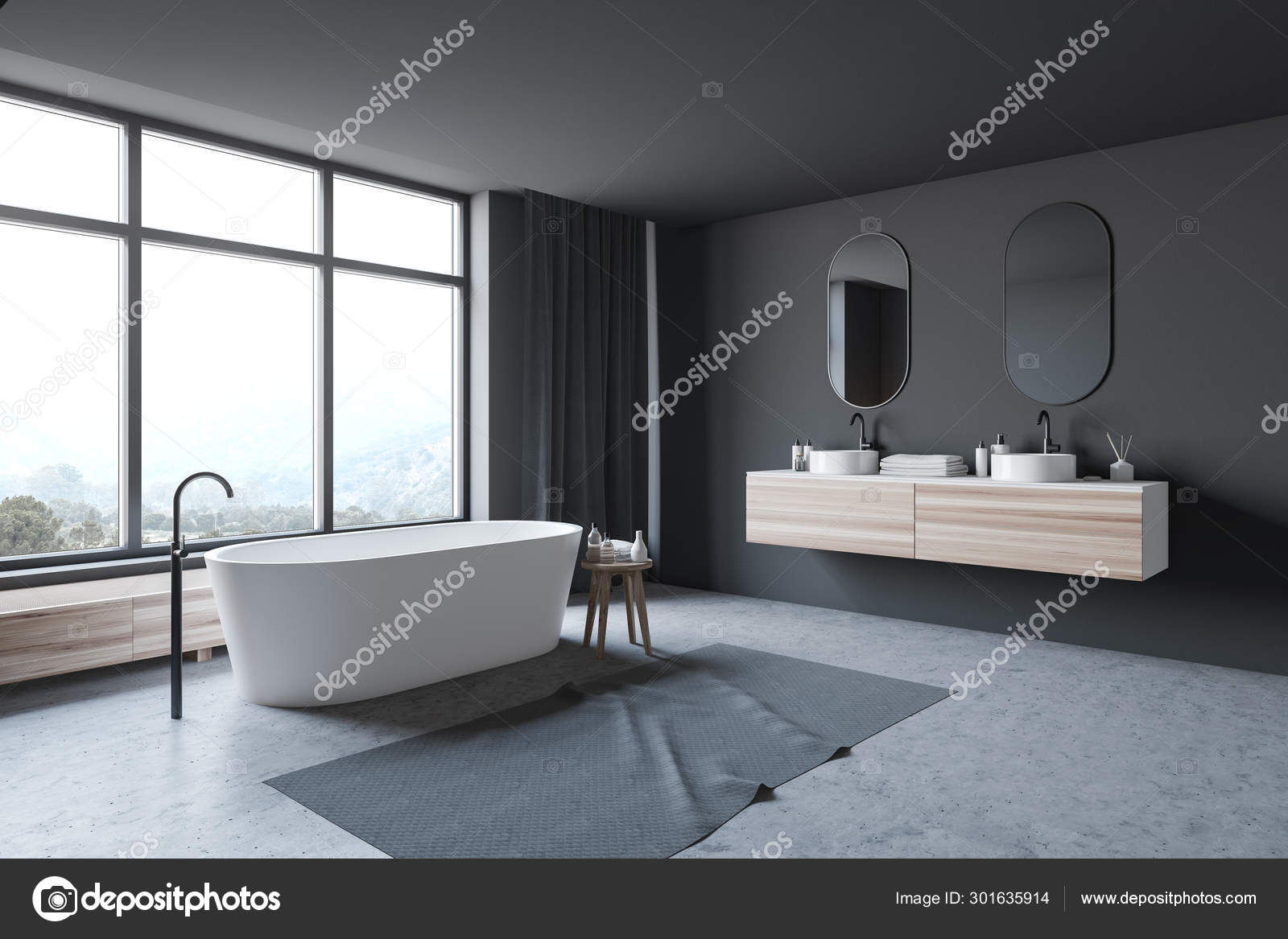 Dark Gray Bathroom Corner Tub And Sink Stock Photo