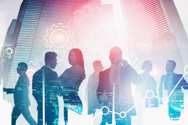 Şehirde iş ekibi, dişliler ve grafikler