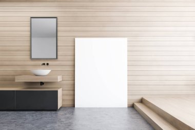 Lavabo ve poster ile ahşap banyo