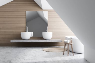 Küvet ve lavabo ile ahşap ve beyaz banyo