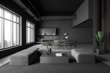 Gri mutfak ve oturma odası