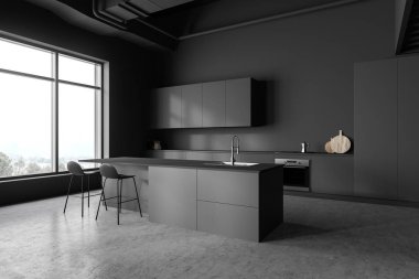 Bar ile gri mutfak köşesi