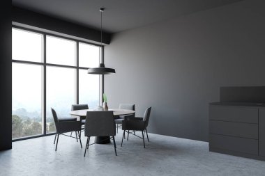 Tezgahlı gri yemek odası köşesi