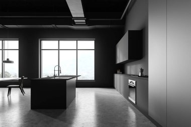 Bar ile gri mutfak yan görünümü