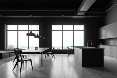 Masa ile gri mutfak yan görünümü