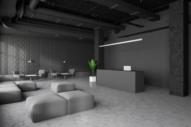 Gri endüstriyel tarzda resepsiyon alanı ve salonu