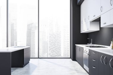 Panoramik koyu gri mutfak iç