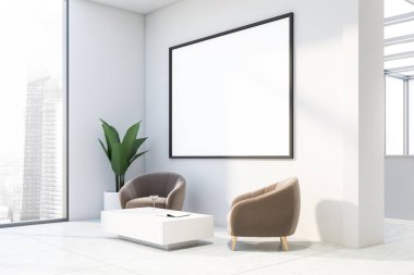 Bej koltuklu beyaz ofis salonu