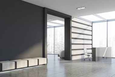 Gri ve ahşap ofis köşesinde resepsiyon