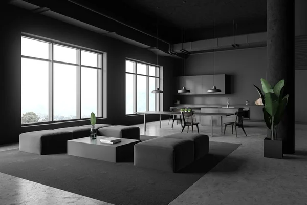 Cozinha cinza e sala de estar canto — Fotografia de Stock