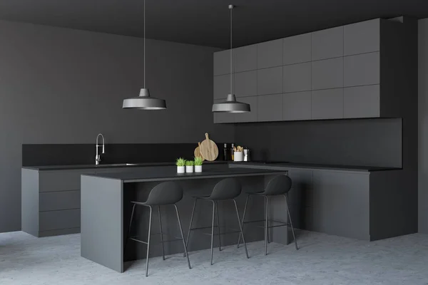 Esquina de cocina gris con bar y taburetes — Foto de Stock