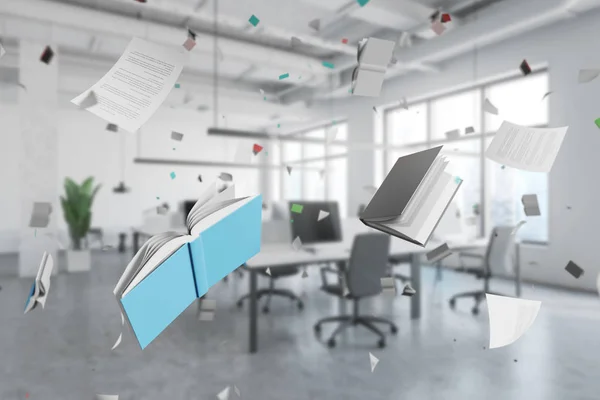 Office with flying documents and books — Stock Photo, Image