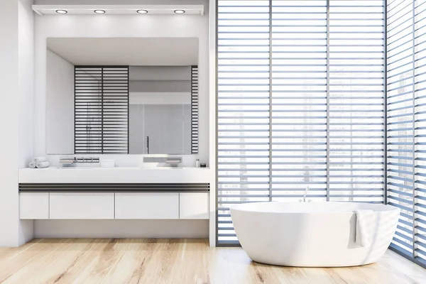 White bathroom with tub, sink and blinds — Stock Photo, Image