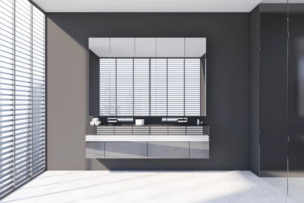 Gray bathroom with double sink and blinds — Stock Photo, Image