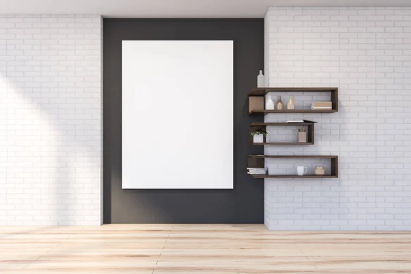 Biały pokój dzienny z półkami i plakatem — Zdjęcie stockowe