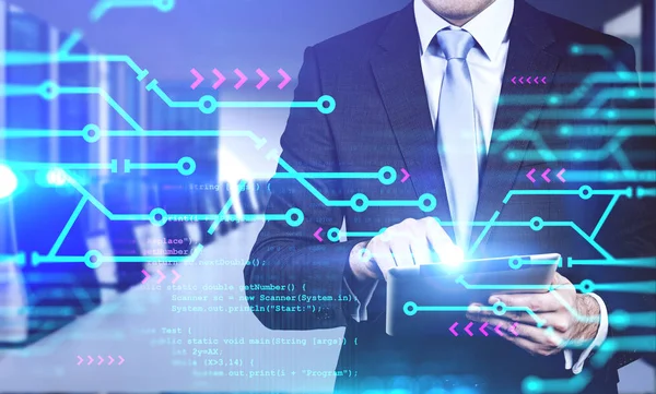 Man with tablet in meeting room, circuits and code — Stock Photo, Image