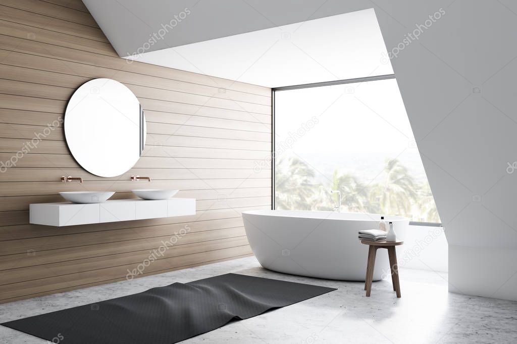 White and wooden bathroom corner, sink and tub