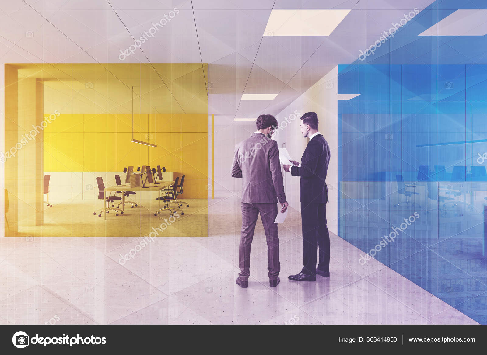 People in blue and yellow office — Stock Photo © denisismagilov 303414950