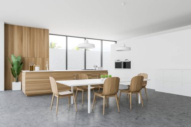 Beyaz mutfak köşesi, tezgah ve masa