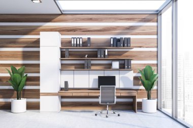 Beyaz ve ahşap ofis işyeri