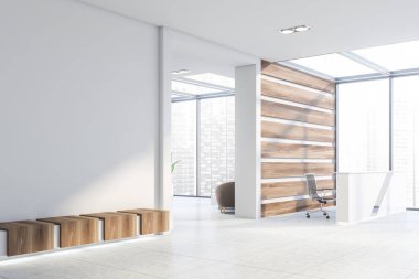 Beyaz ve ahşap ofis köşesinde resepsiyon