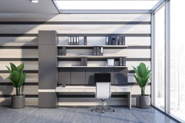 Gri ve ahşap ofis işyeri