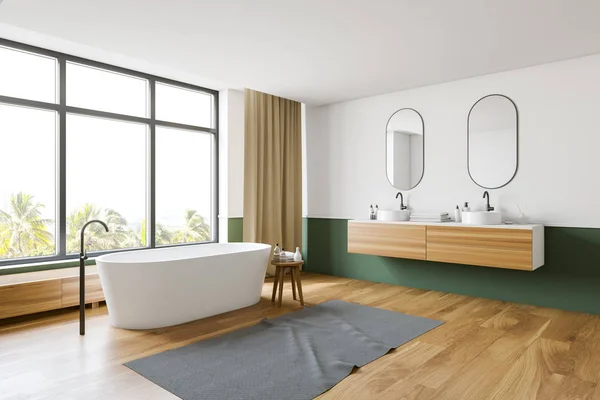 Biały i zielony kącik łazienkowy, wanna i umywalka — Zdjęcie stockowe